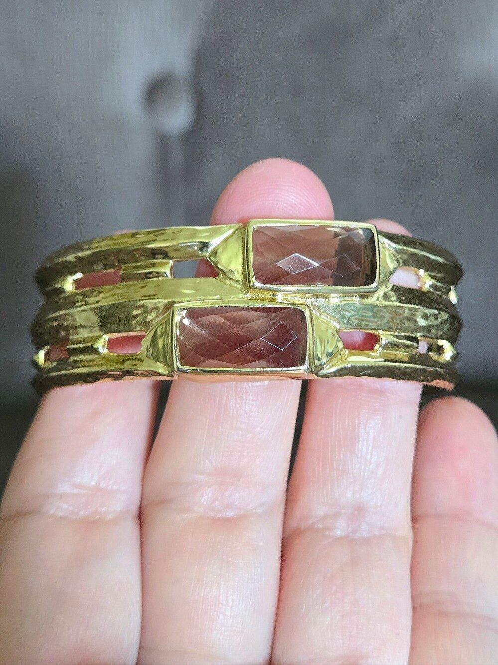 Melinda Maria Hammered🔨 Gold💛 Double✌️ Band Cuff Bracelet with Smoky🔥 Quartz